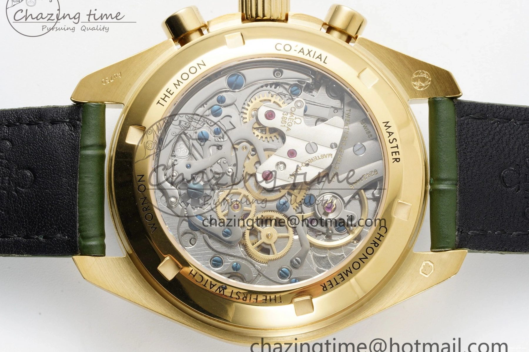 0404 Speedmaster Moonwatch in Moonshine Gold YG RMF Best Edition Green Dial on Green Leather Strap Manual Chrono EasyCare 7832